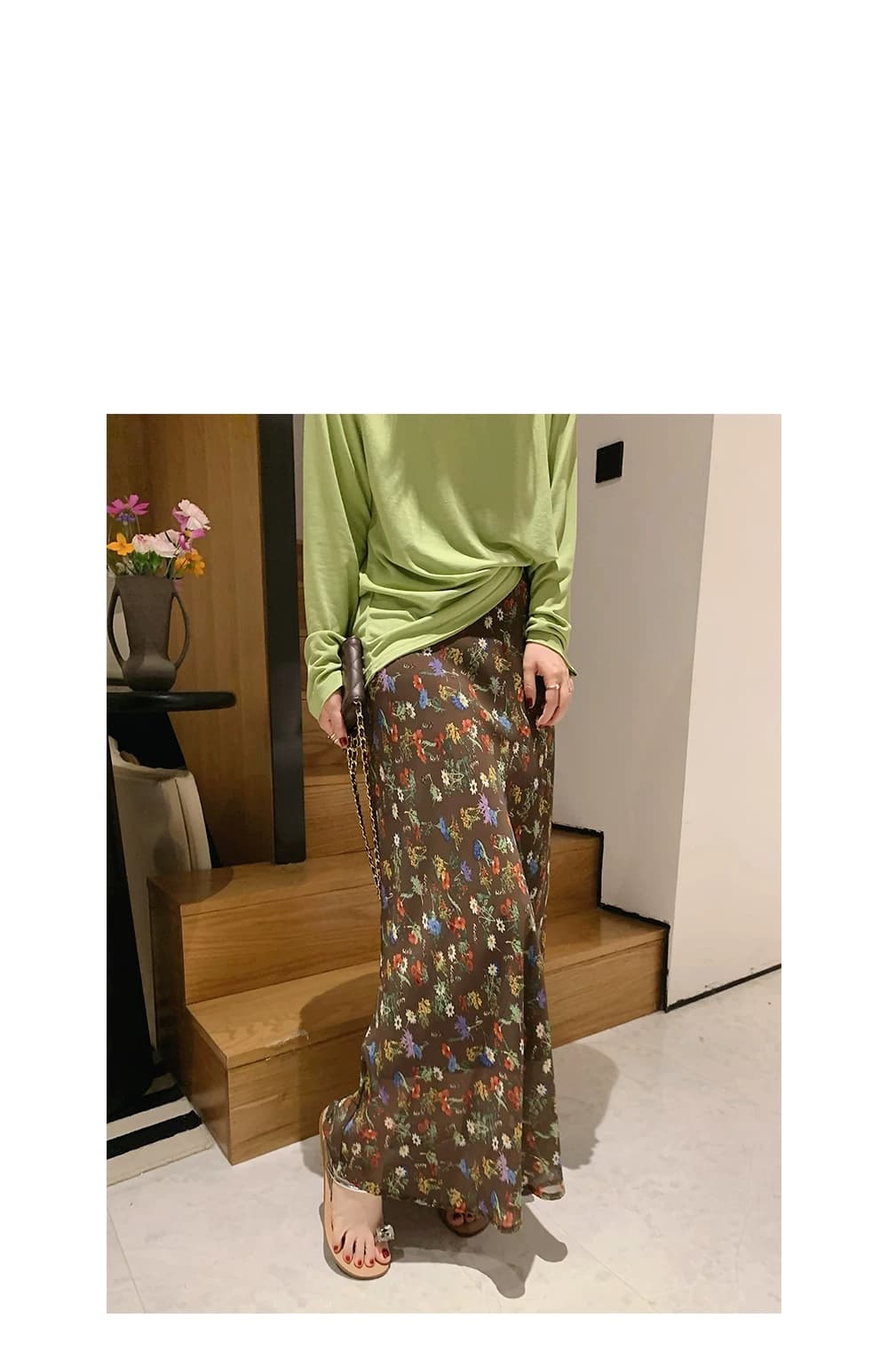 색상 꽃무늬 외국 가스 쉬폰 슬림해 보이는 반신 스커트 여성 밴딩 하이웨이스트 여름 부드러운 중간 길이 도루 센스 상세 이미지 7