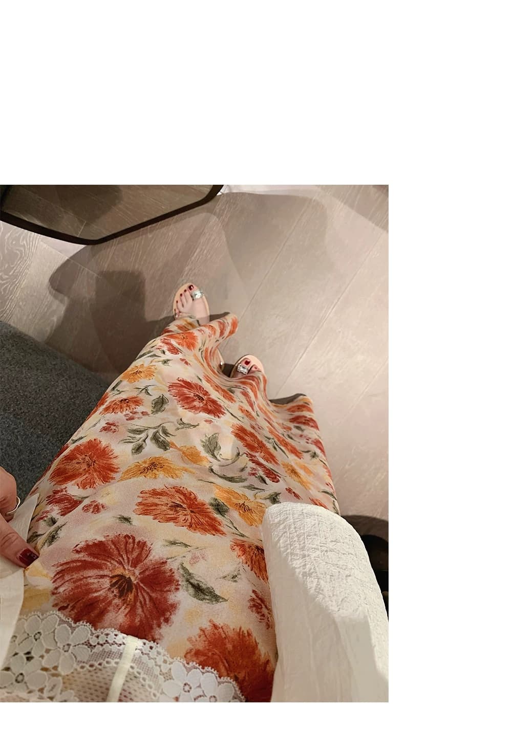 꽃 레트로 쉬폰 반신 스커트 여성 밴딩 하이웨이스트 여름 느슨함 부드러운 한 마디 중간 길이 우아한 상세 이미지 5