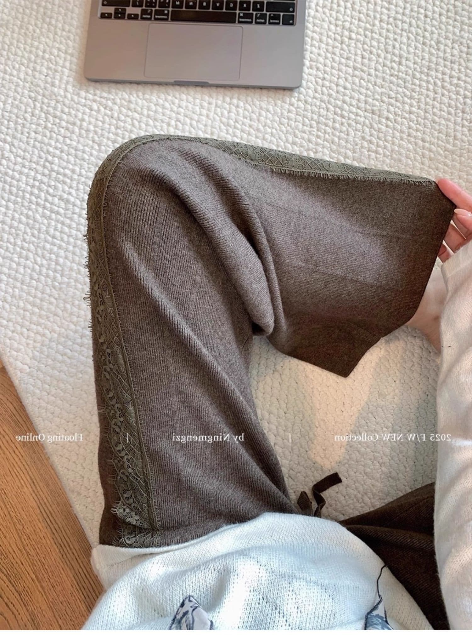 브라운 레이스 조각 니트 와이드 레그 팬츠 가을 겨울 레트로 캐주얼 스트레이트 팬츠 상세 이미지 5