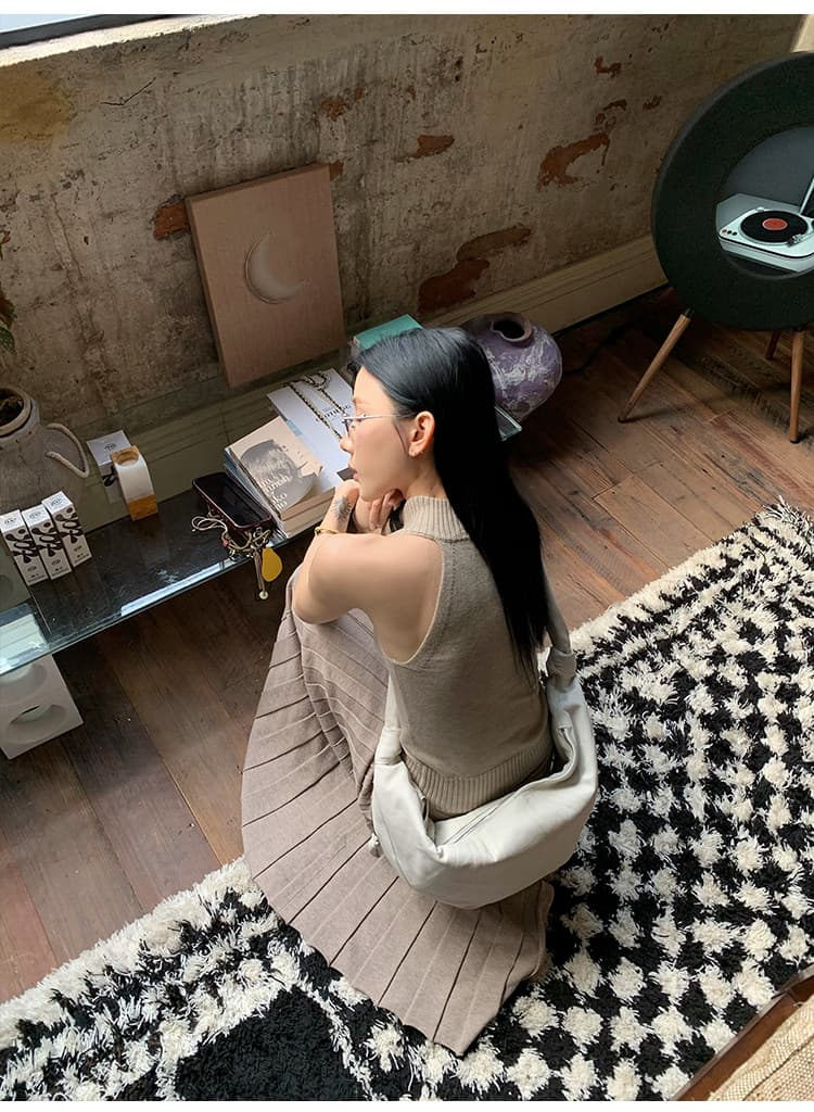 허리 머리 이중층 뒤집다 측면 커피 색상 플리츠 반신 스커트 여성 봄 한 부서 디자인 센스 니트 롱 스커트 상세 이미지 16