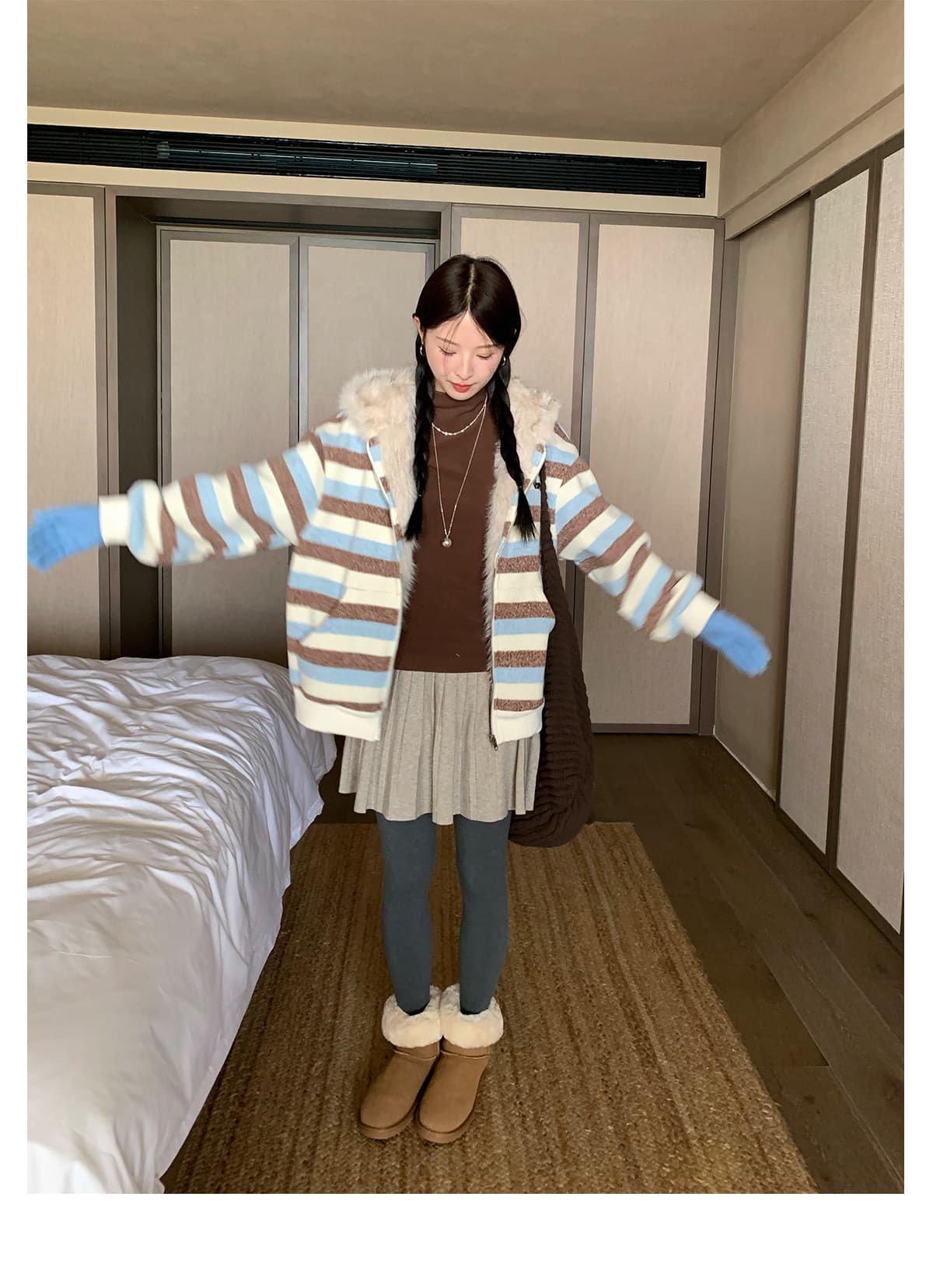 cckok 이른 봄 겨울 한 부서 출퇴근 착용 가져 가라. 단색 니트 장난기 넘치는 플리츠 미니 스커트 여성 상세 이미지 26