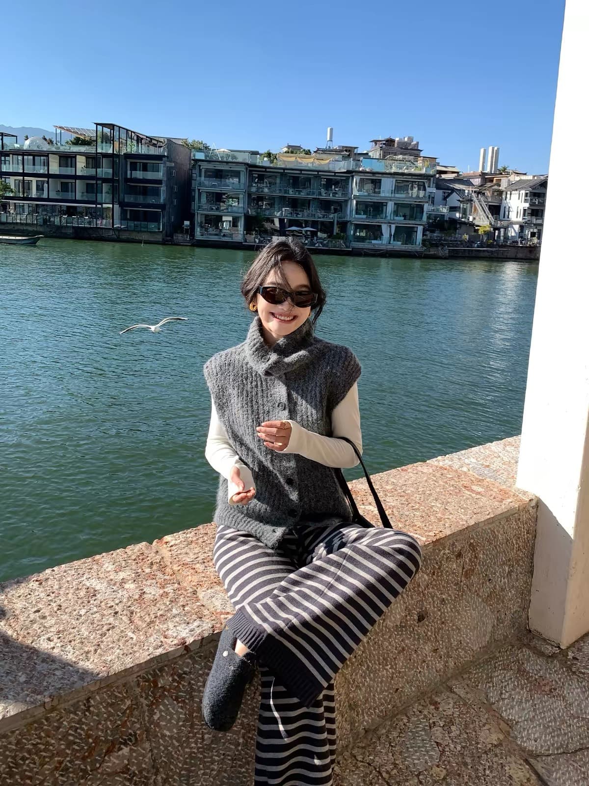 게으른 조정 도루 가을 센스 스트라이프 와이드 레그 팬츠 여성 뜨개질 느긋한 바람 캐주얼 롱 바지 이미지 3