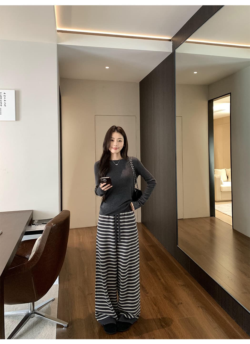 게으른 조정 도루 가을 센스 스트라이프 와이드 레그 팬츠 여성 뜨개질 느긋한 바람 캐주얼 롱 바지 상세 이미지 22