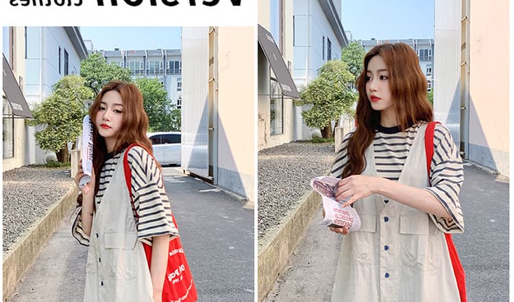 여름 미니멀리즘 캐주얼 바람 한 부서 루즈핏 스트라이프 티셔츠 슬림해 보이는 조끼 스커트 투피스 세트 상세 이미지 23