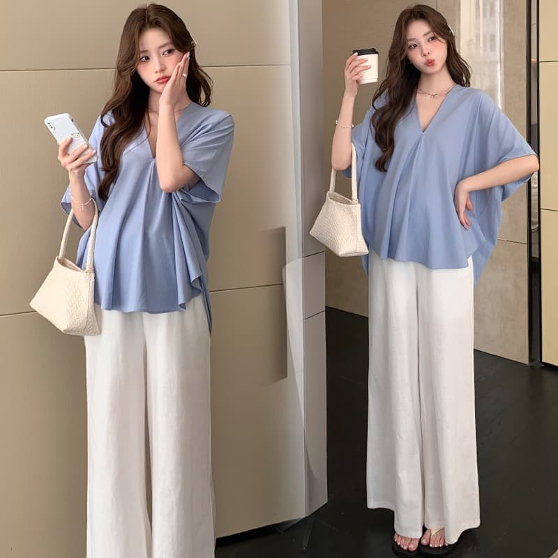 실사 선물 물품 새로운 높음 제품 리넨 면화 루즈핏 V넥 배트윙 소매 반팔 가져 가라. 가벼움 느슨함 와이드 레그 팬츠 세트 이미지 3