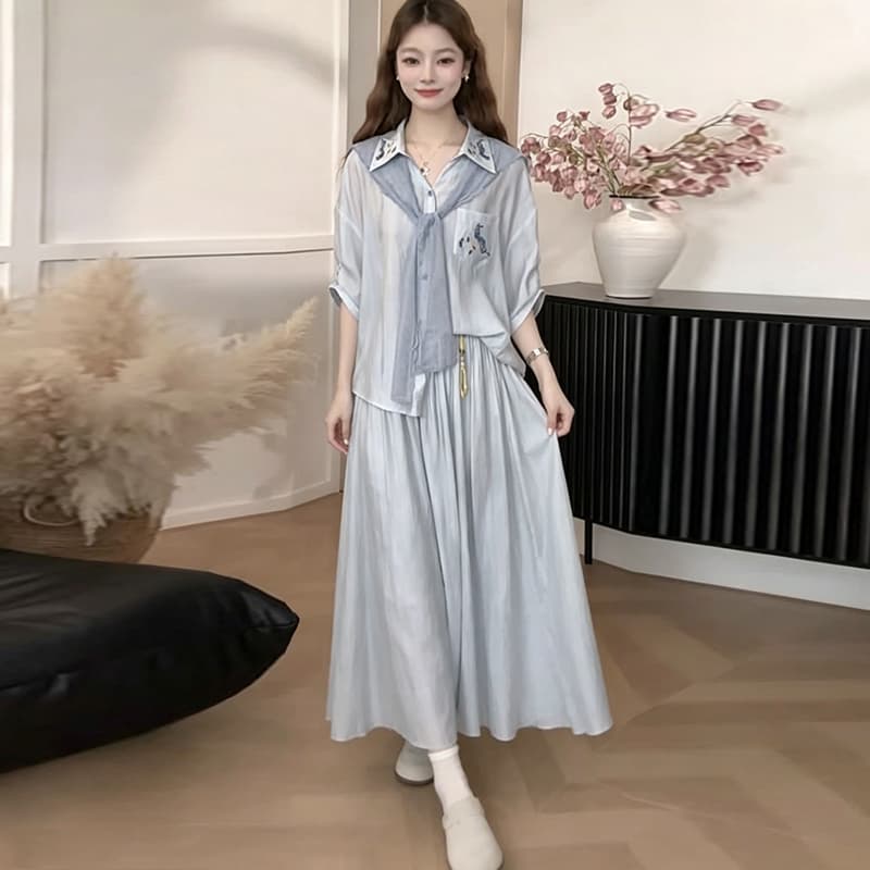 선물 물품 여름 한 부서 느슨함 센스 파란색 자수 자외선 차단 셔츠 루즈핏 바지 가져 가라. 레이스 숄 3종 세트 이미지 4