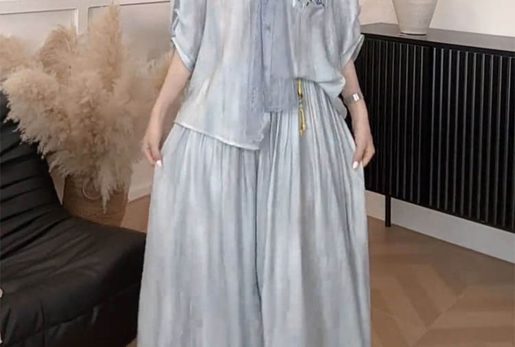 선물 물품 여름 한 부서 느슨함 센스 파란색 자수 자외선 차단 셔츠 루즈핏 바지 가져 가라. 레이스 숄 3종 세트 상세 이미지 21