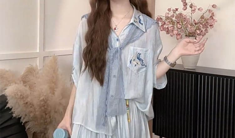 선물 물품 여름 한 부서 느슨함 센스 파란색 자수 자외선 차단 셔츠 루즈핏 바지 가져 가라. 레이스 숄 3종 세트 상세 이미지 23