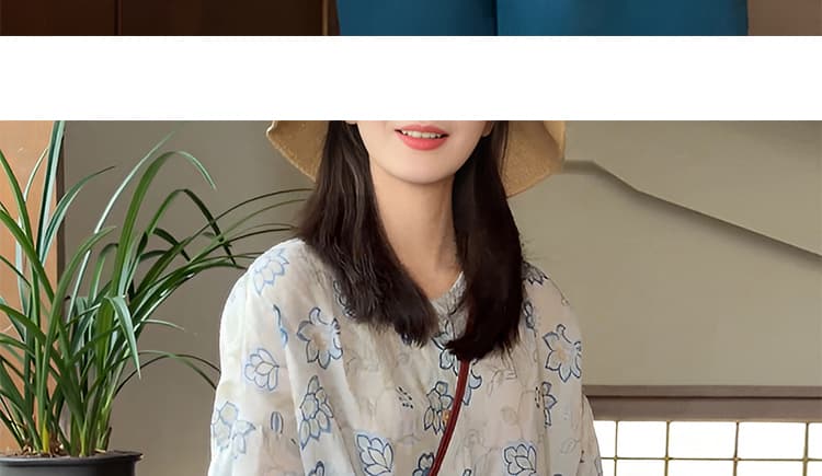 여름 새로운 새로운 중식 프린트 통기성 면직물 셔츠 공작 블루 마 면 와이드 레그 팬츠 세트 상세 이미지 19