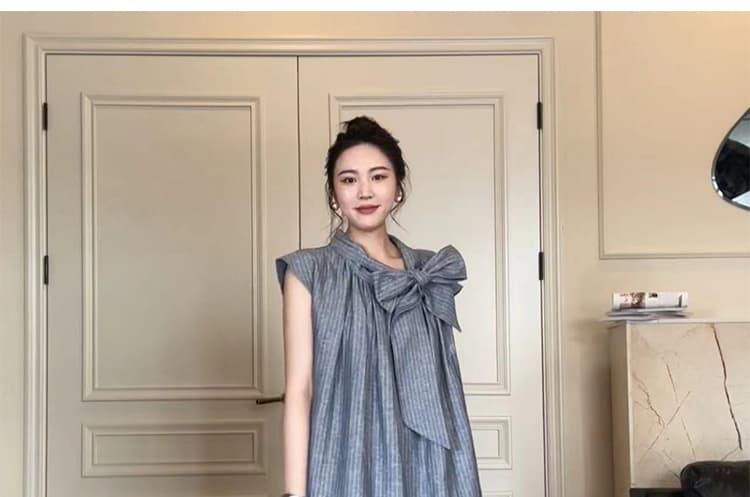 여름 새로운 라운드 넥 나비 매듭 마 면 질감 센스 루즈핏 슬림해 보이는 드레스 상세 이미지 37