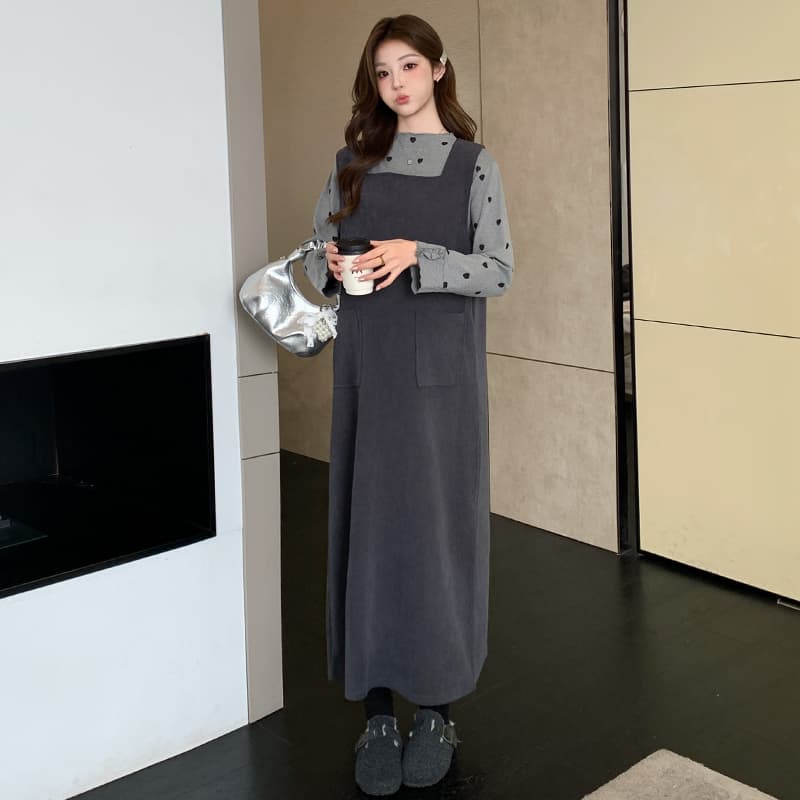 가을 선물 물품 드레스 새로운 임산부 멜빵 스커트 투피스 세트 패션 루즈핏 출산 착용 이미지 3