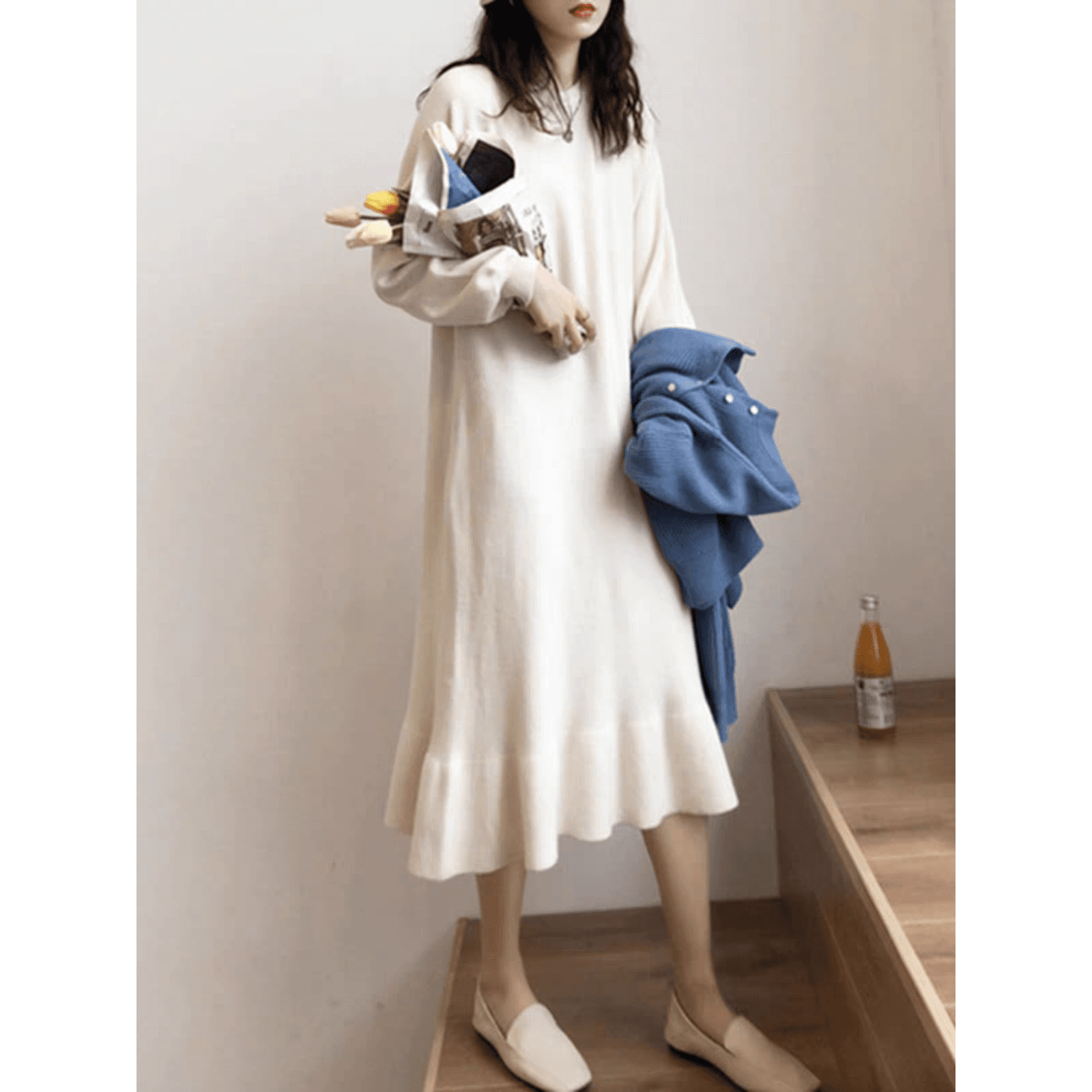 있음 선적 가을 겨울 빅 사이즈 스웨터 루즈핏 표지 배 두꺼운 인사이드 가져 가라. 프릴 치마 롱 코트 인어 꼬리 스커트 이미지 5