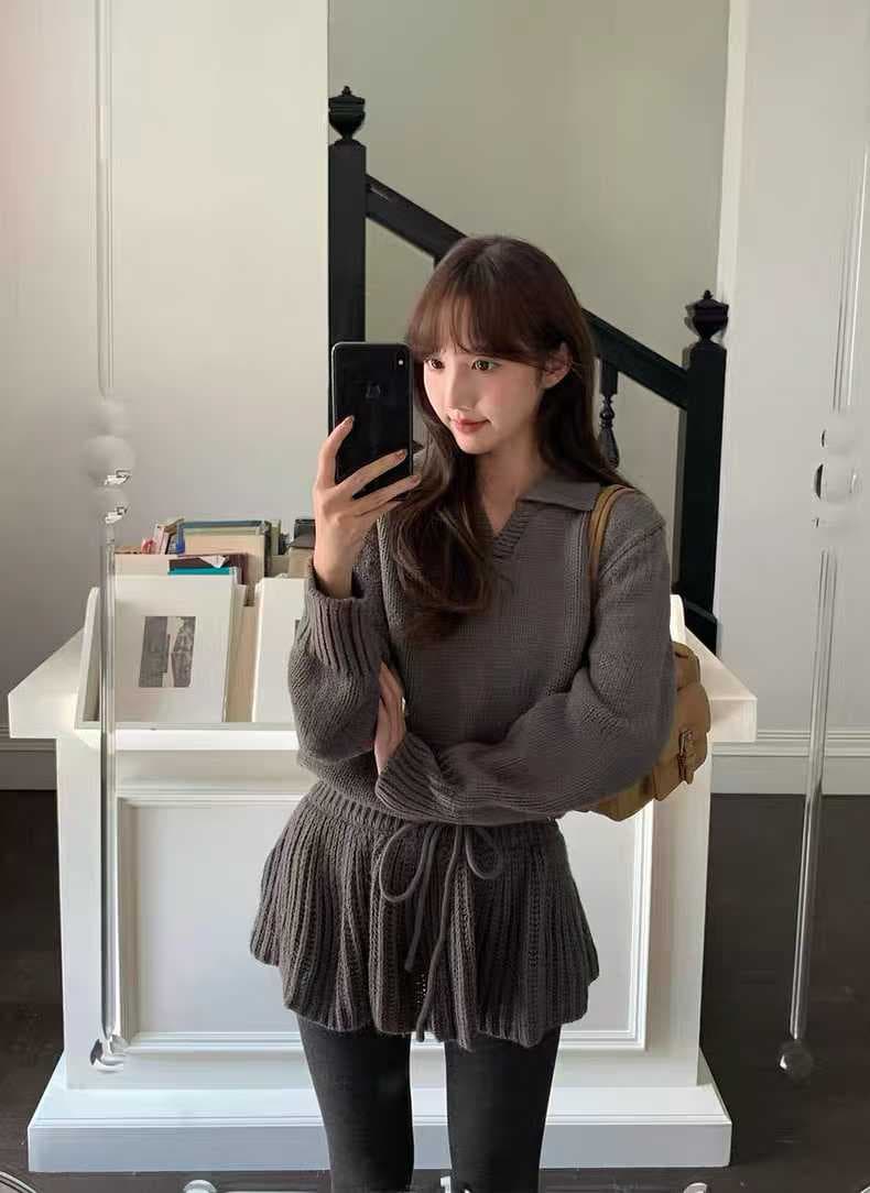 한국 동대문 2026 봄 가을 새로운 단색 풀오버 미니 스커트 투피스 세트 세트 여성 상세 이미지 1
