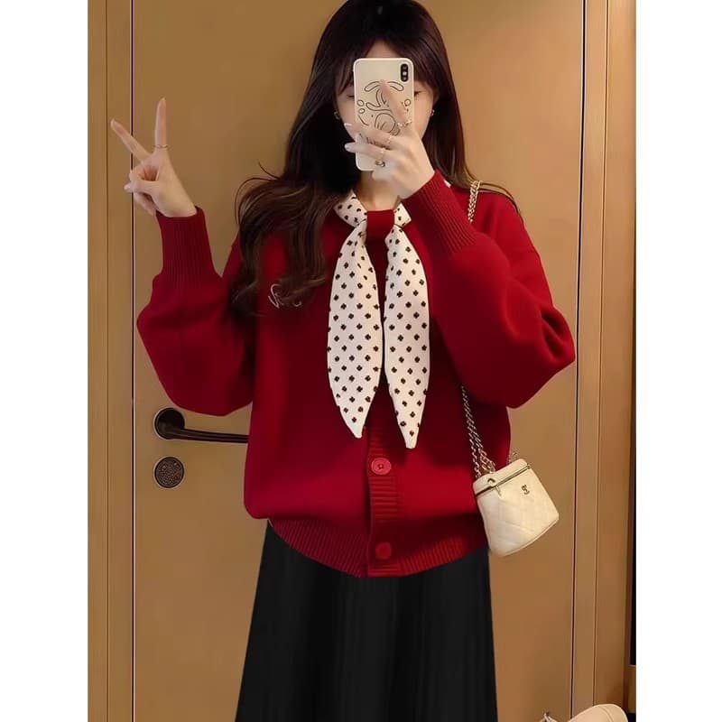 한 부서 소녀 달콤한 스타일 크리스마스 분위기 센스 빨간색 니트 스웨터 여자 가을 겨울 새로운 디자인 센스 루즈핏 맨위 이미지 3