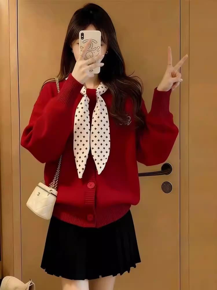 한 부서 소녀 달콤한 스타일 크리스마스 분위기 센스 빨간색 니트 스웨터 여자 가을 겨울 새로운 디자인 센스 루즈핏 맨위 상세 이미지 2