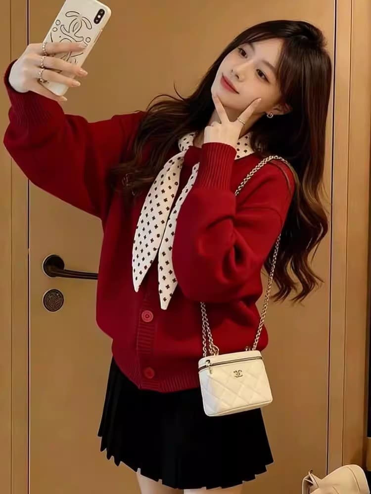 한 부서 소녀 달콤한 스타일 크리스마스 분위기 센스 빨간색 니트 스웨터 여자 가을 겨울 새로운 디자인 센스 루즈핏 맨위 상세 이미지 5