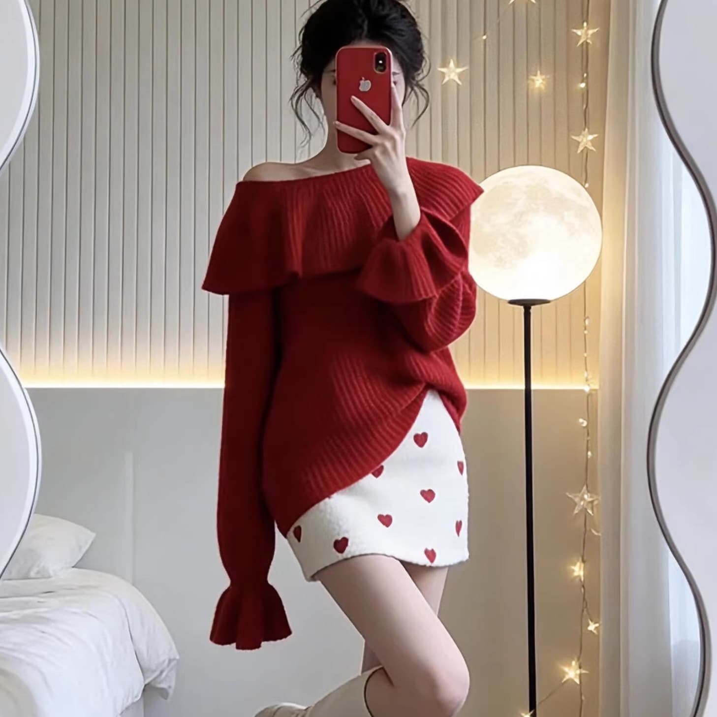 분위기 센스 빅 칼라 크리스마스 신년 빨간색 스웨터 여자 봄 가을 겨울 오프숄더 연꽃 잎 소매 짠 셔츠 맨위