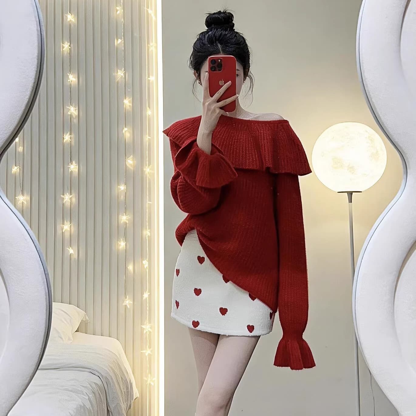 분위기 센스 빅 칼라 크리스마스 신년 빨간색 스웨터 여자 봄 가을 겨울 오프숄더 연꽃 잎 소매 짠 셔츠 맨위 이미지 2