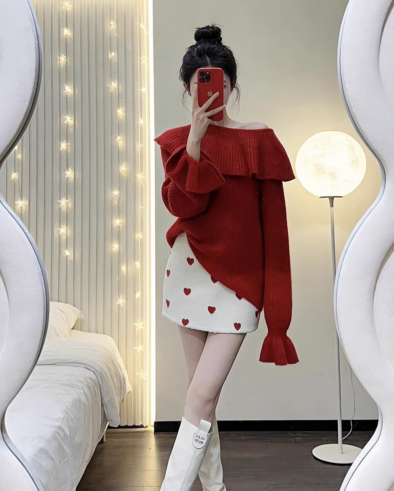 분위기 센스 빅 칼라 크리스마스 신년 빨간색 스웨터 여자 봄 가을 겨울 오프숄더 연꽃 잎 소매 짠 셔츠 맨위 상세 이미지 1