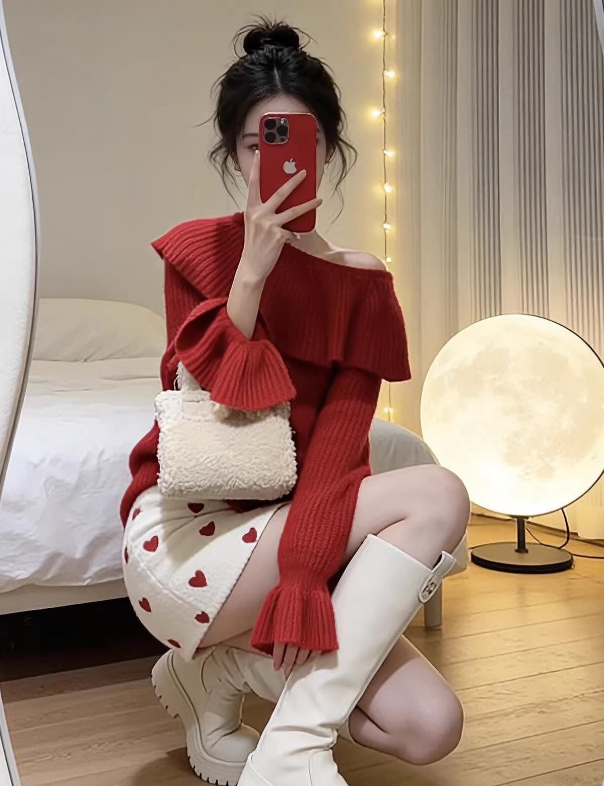분위기 센스 빅 칼라 크리스마스 신년 빨간색 스웨터 여자 봄 가을 겨울 오프숄더 연꽃 잎 소매 짠 셔츠 맨위 상세 이미지 2