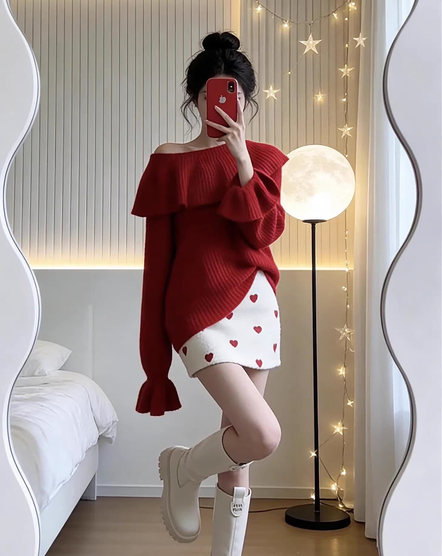 분위기 센스 빅 칼라 크리스마스 신년 빨간색 스웨터 여자 봄 가을 겨울 오프숄더 연꽃 잎 소매 짠 셔츠 맨위 상세 이미지 3