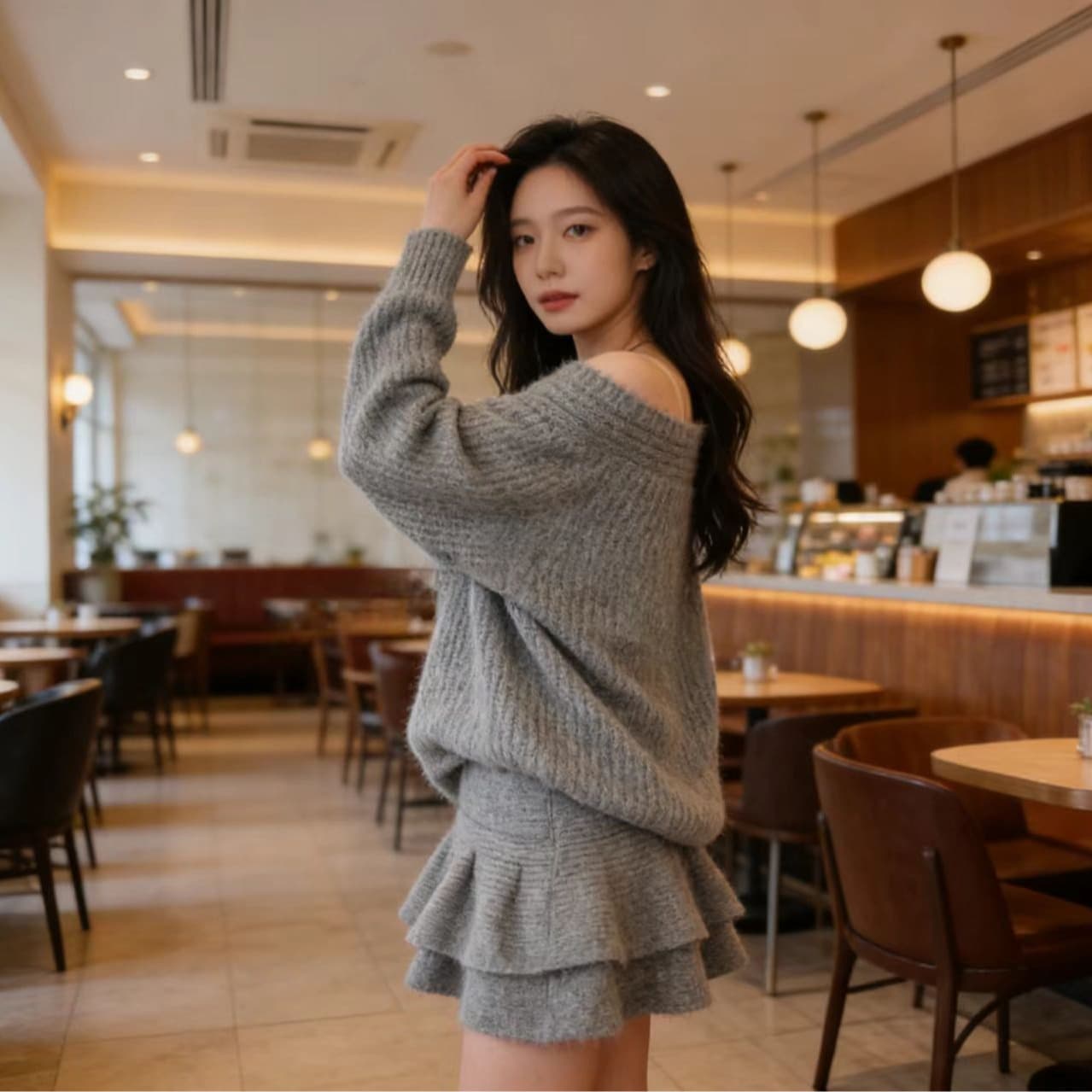 오프숄더 비스듬한 어깨 스웨터 여자 작은 샤넬 스타일 비스듬한 칼라 스웨터 니트 세트 긴팔 맨위 하이웨이스트 한 마디 반신 스커트