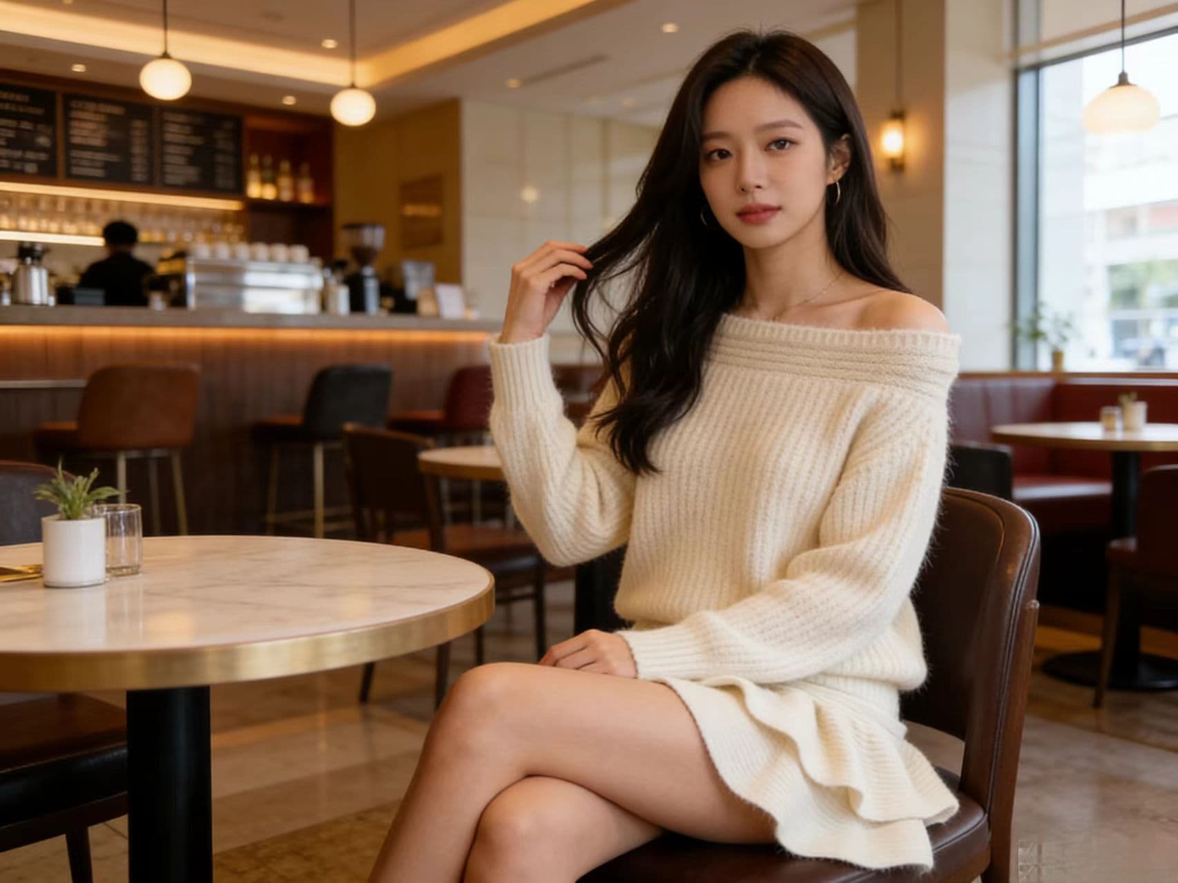 오프숄더 비스듬한 어깨 스웨터 여자 작은 샤넬 스타일 비스듬한 칼라 스웨터 니트 세트 긴팔 맨위 하이웨이스트 한 마디 반신 스커트 상세 이미지 2