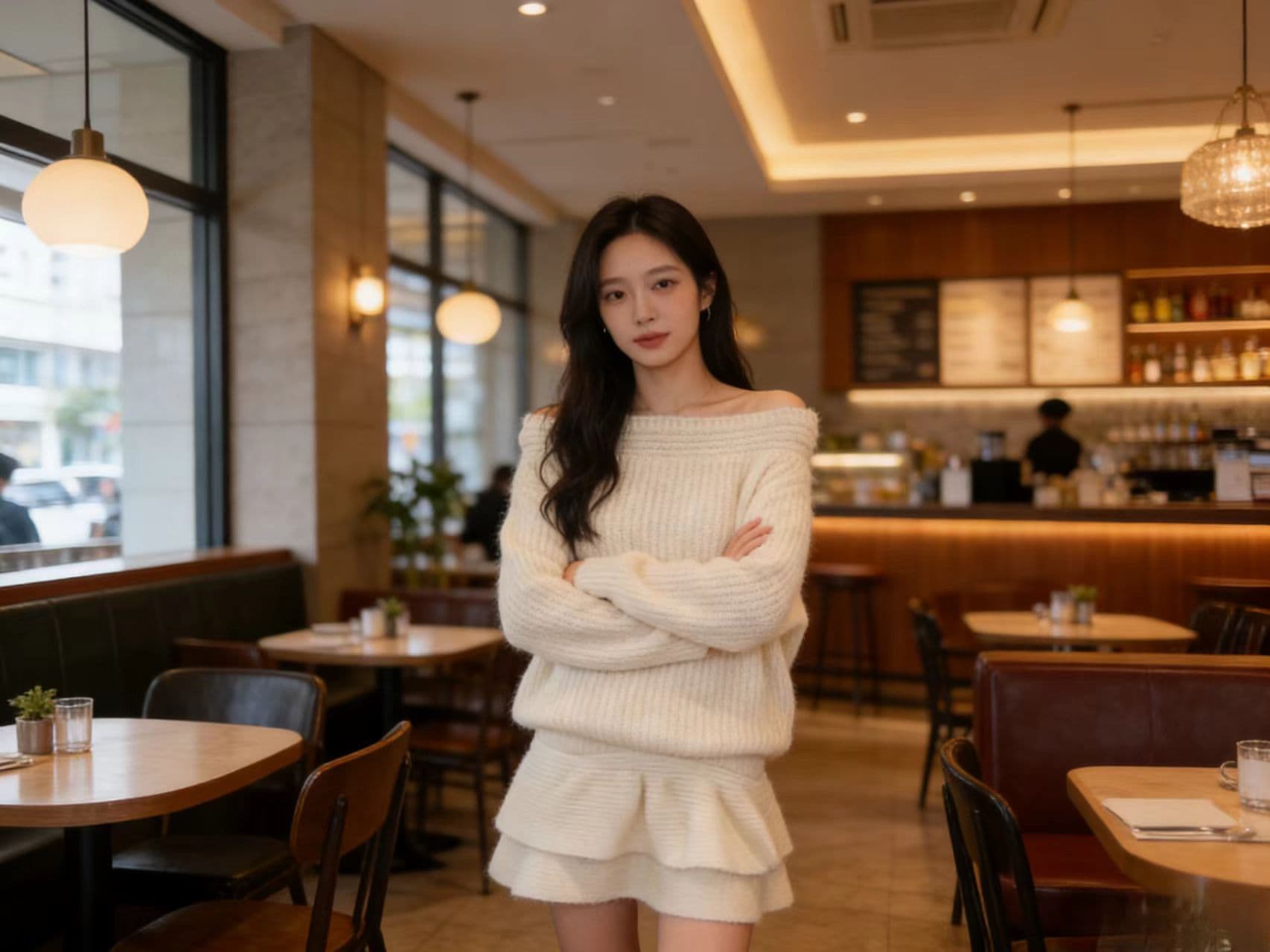 오프숄더 비스듬한 어깨 스웨터 여자 작은 샤넬 스타일 비스듬한 칼라 스웨터 니트 세트 긴팔 맨위 하이웨이스트 한 마디 반신 스커트 상세 이미지 3
