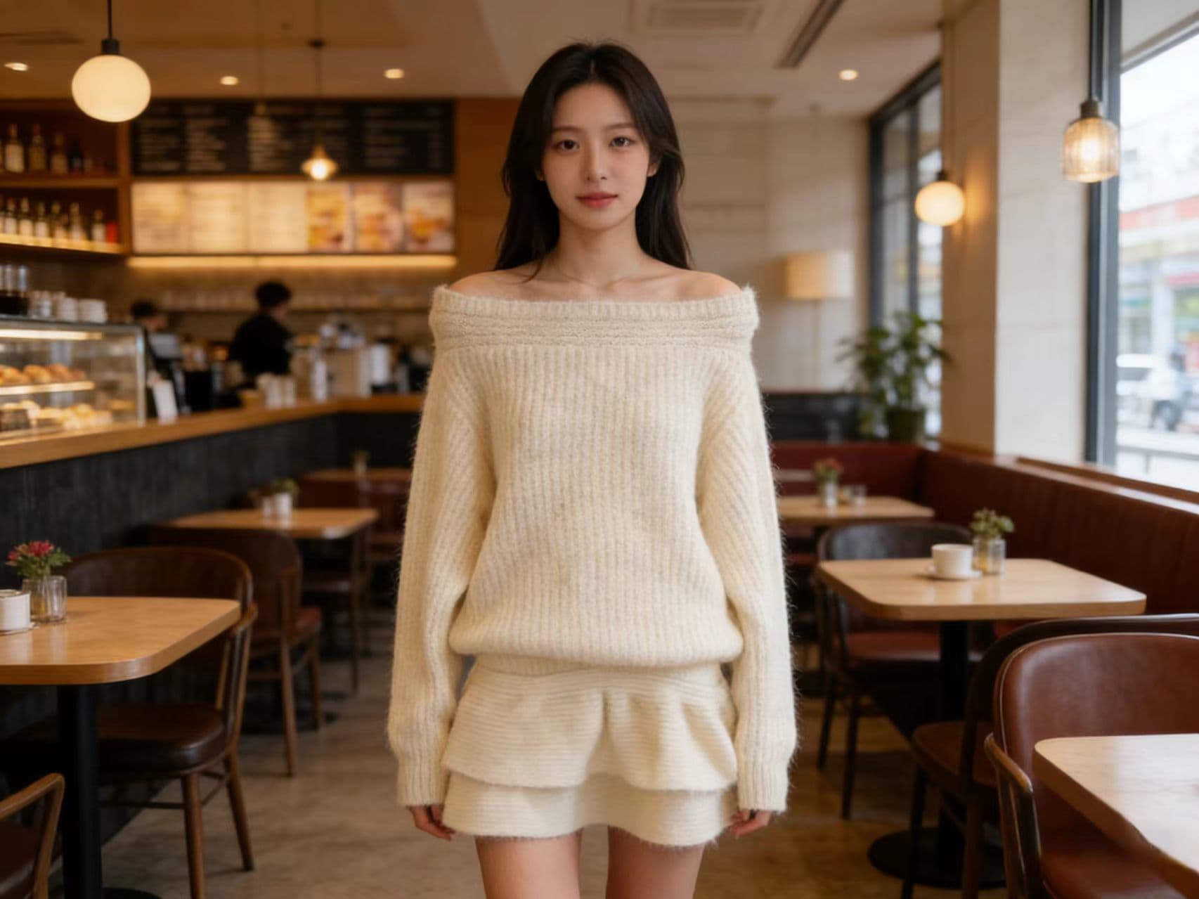 오프숄더 비스듬한 어깨 스웨터 여자 작은 샤넬 스타일 비스듬한 칼라 스웨터 니트 세트 긴팔 맨위 하이웨이스트 한 마디 반신 스커트 상세 이미지 5