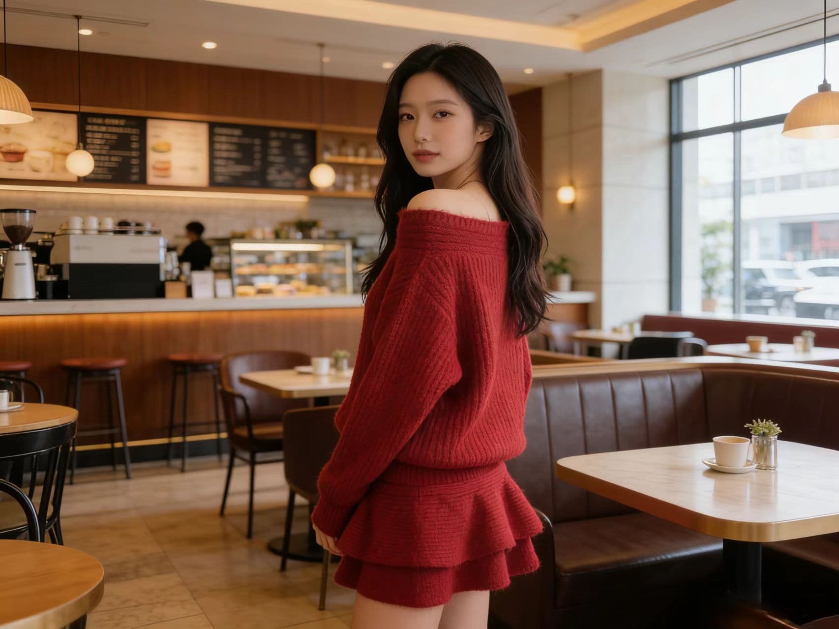 오프숄더 비스듬한 어깨 스웨터 여자 작은 샤넬 스타일 비스듬한 칼라 스웨터 니트 세트 긴팔 맨위 하이웨이스트 한 마디 반신 스커트 상세 이미지 6