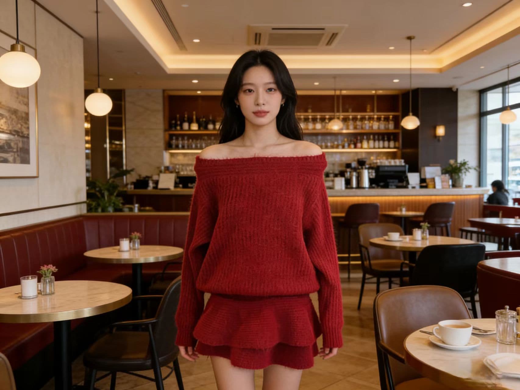 오프숄더 비스듬한 어깨 스웨터 여자 작은 샤넬 스타일 비스듬한 칼라 스웨터 니트 세트 긴팔 맨위 하이웨이스트 한 마디 반신 스커트 상세 이미지 7