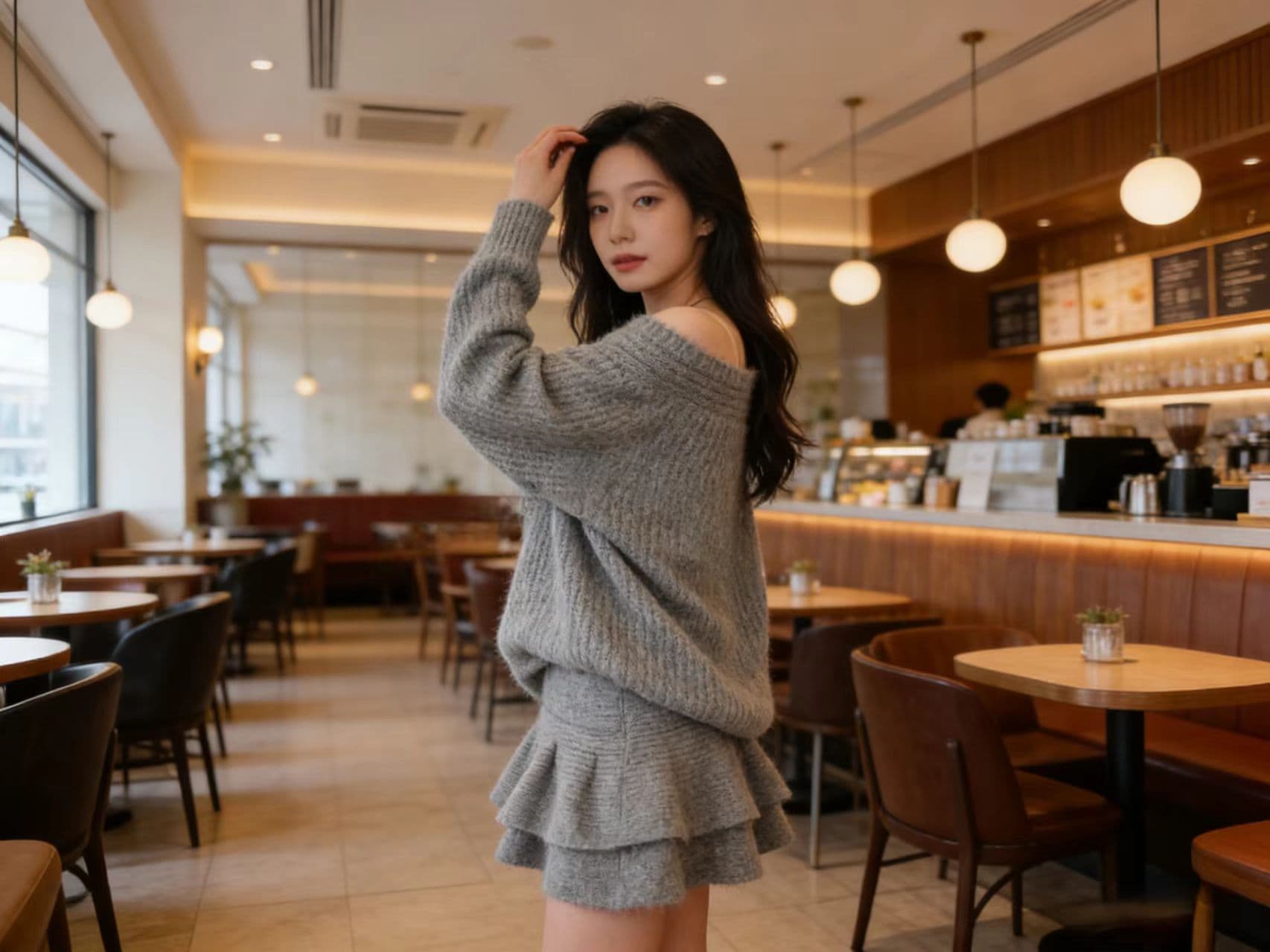 오프숄더 비스듬한 어깨 스웨터 여자 작은 샤넬 스타일 비스듬한 칼라 스웨터 니트 세트 긴팔 맨위 하이웨이스트 한 마디 반신 스커트 상세 이미지 9