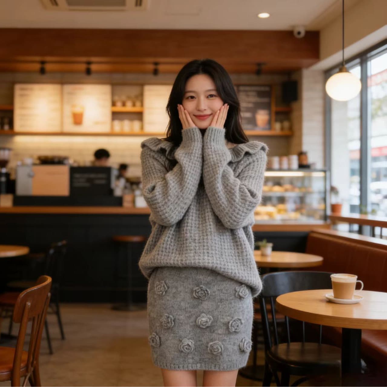 동대문 한 부서 달콤함 프릴 보트넥 스웨터 꽃 타이트 스커트 반신 미니 스커트 투피스 세트 이미지 3