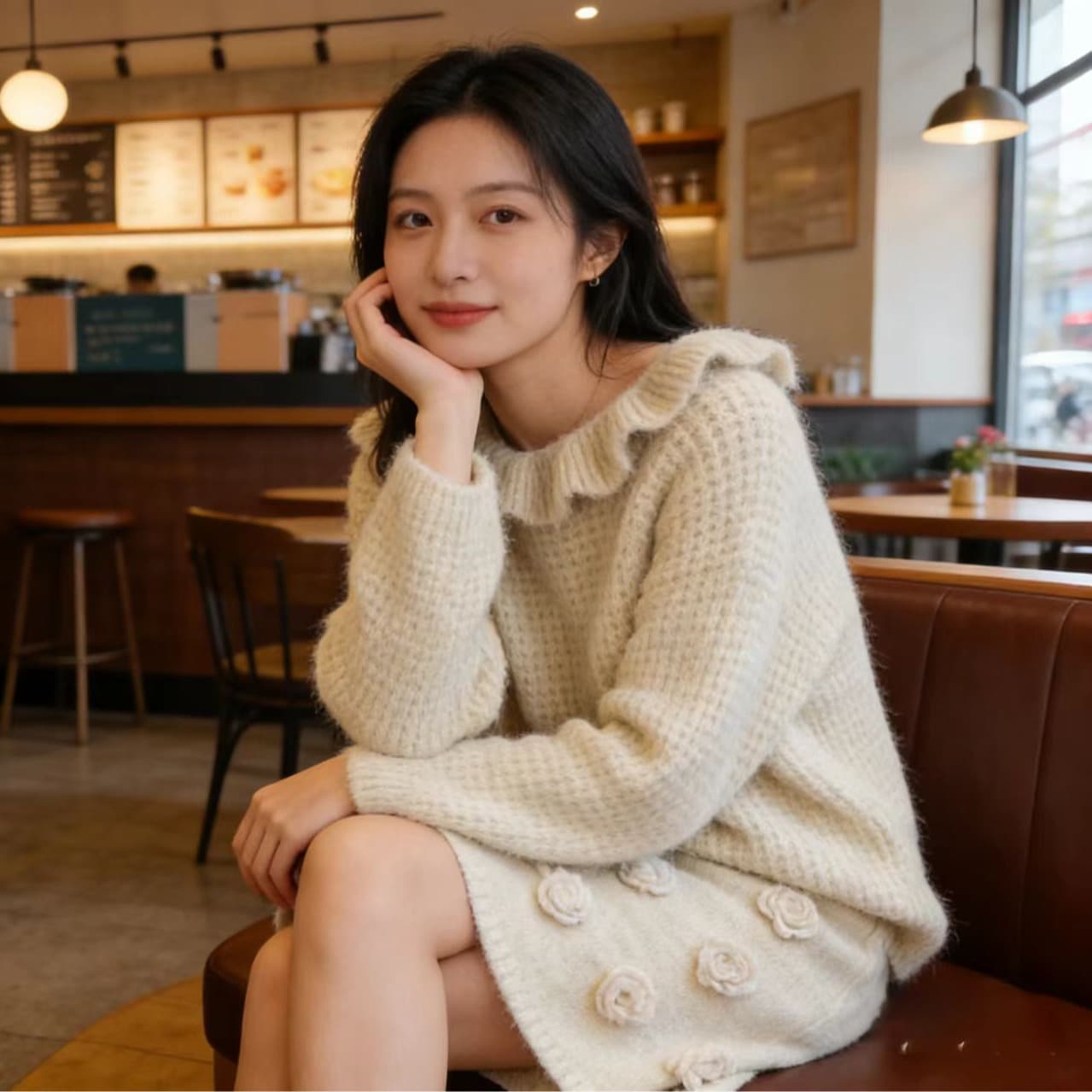 동대문 한 부서 달콤함 프릴 보트넥 스웨터 꽃 타이트 스커트 반신 미니 스커트 투피스 세트