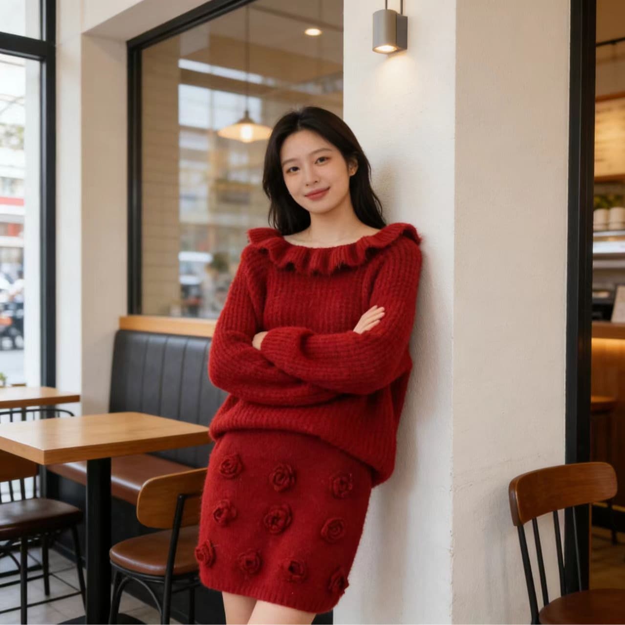 동대문 한 부서 달콤함 프릴 보트넥 스웨터 꽃 타이트 스커트 반신 미니 스커트 투피스 세트 이미지 4