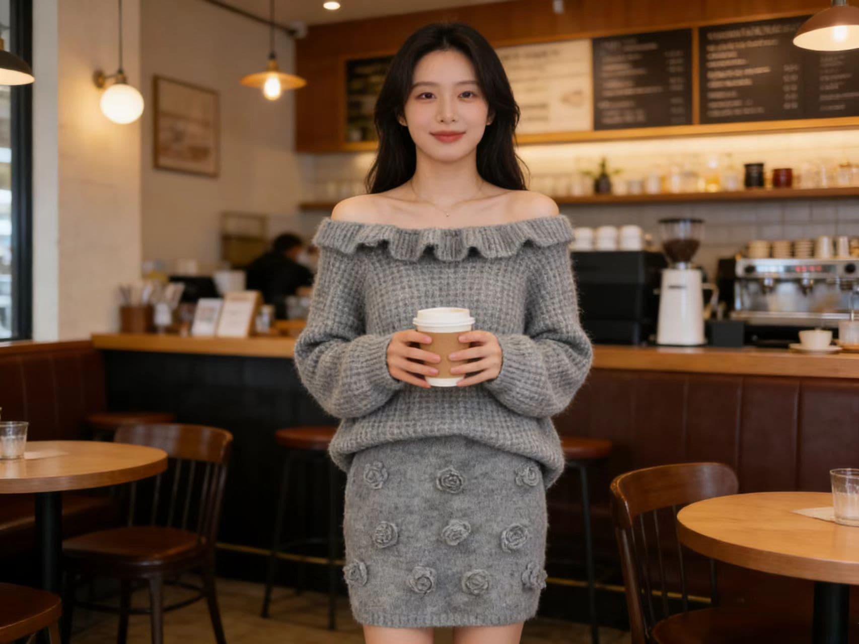 동대문 한 부서 달콤함 프릴 보트넥 스웨터 꽃 타이트 스커트 반신 미니 스커트 투피스 세트 상세 이미지 2