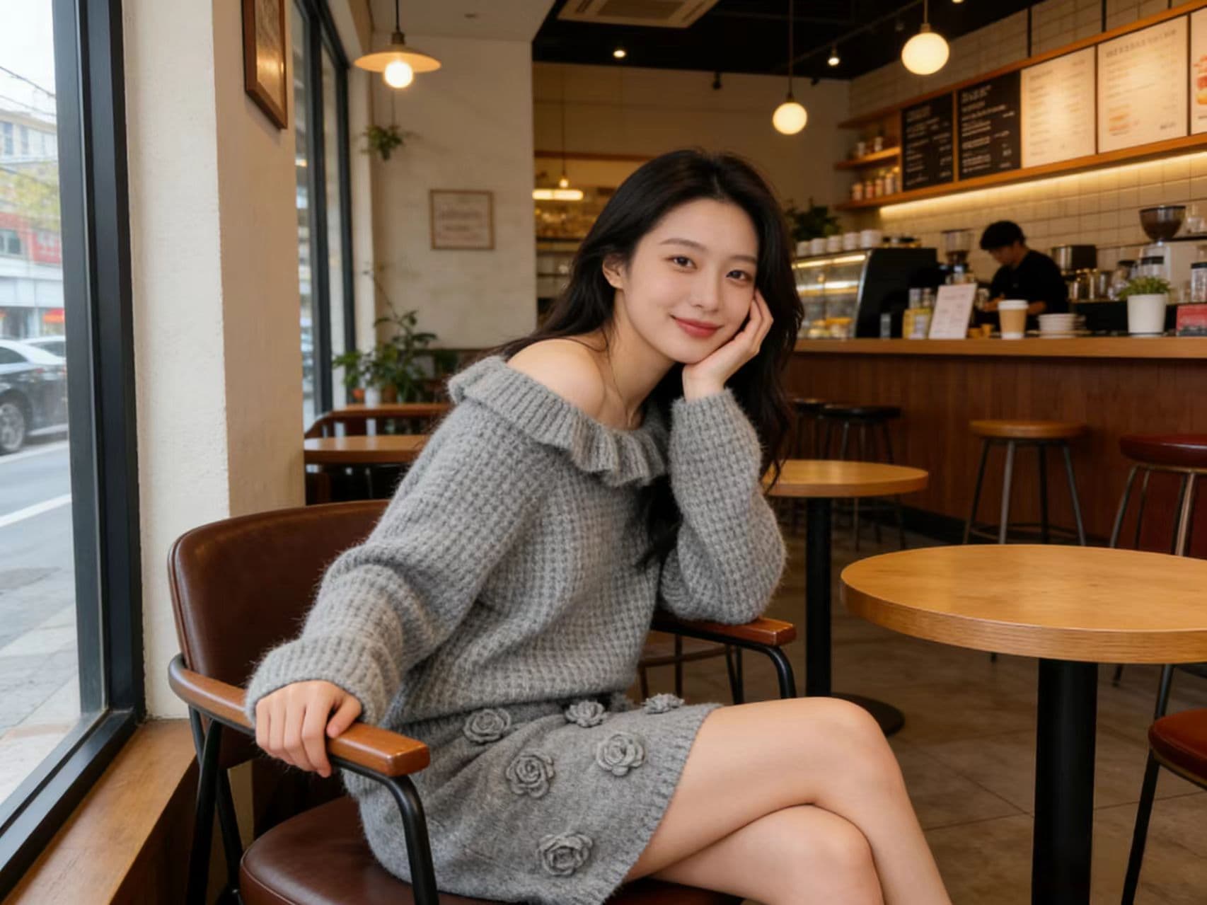 동대문 한 부서 달콤함 프릴 보트넥 스웨터 꽃 타이트 스커트 반신 미니 스커트 투피스 세트 상세 이미지 6