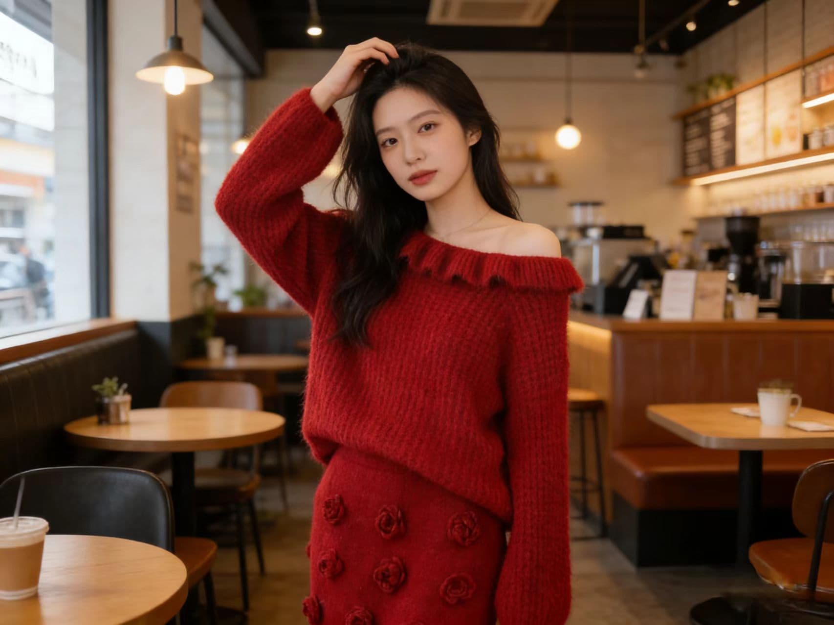 동대문 한 부서 달콤함 프릴 보트넥 스웨터 꽃 타이트 스커트 반신 미니 스커트 투피스 세트 상세 이미지 7