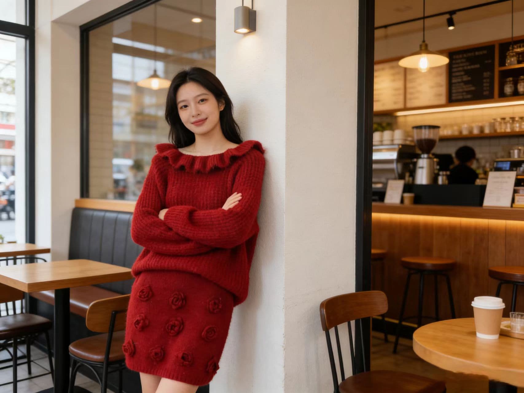 동대문 한 부서 달콤함 프릴 보트넥 스웨터 꽃 타이트 스커트 반신 미니 스커트 투피스 세트 상세 이미지 9