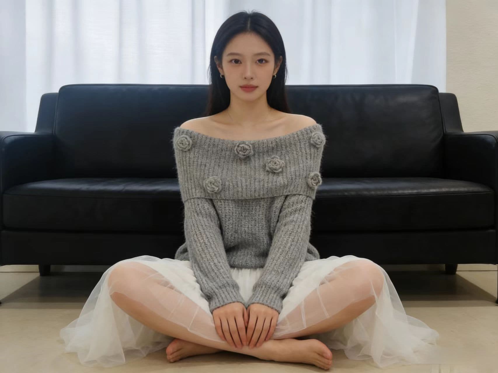 빨간색 오프숄더 3 차원 꽃 니트 스웨터 여성 2026 봄 가을 느긋한 바람 슬림해 보이는 긴팔 오프숄더 스웨터 ins 상세 이미지 4