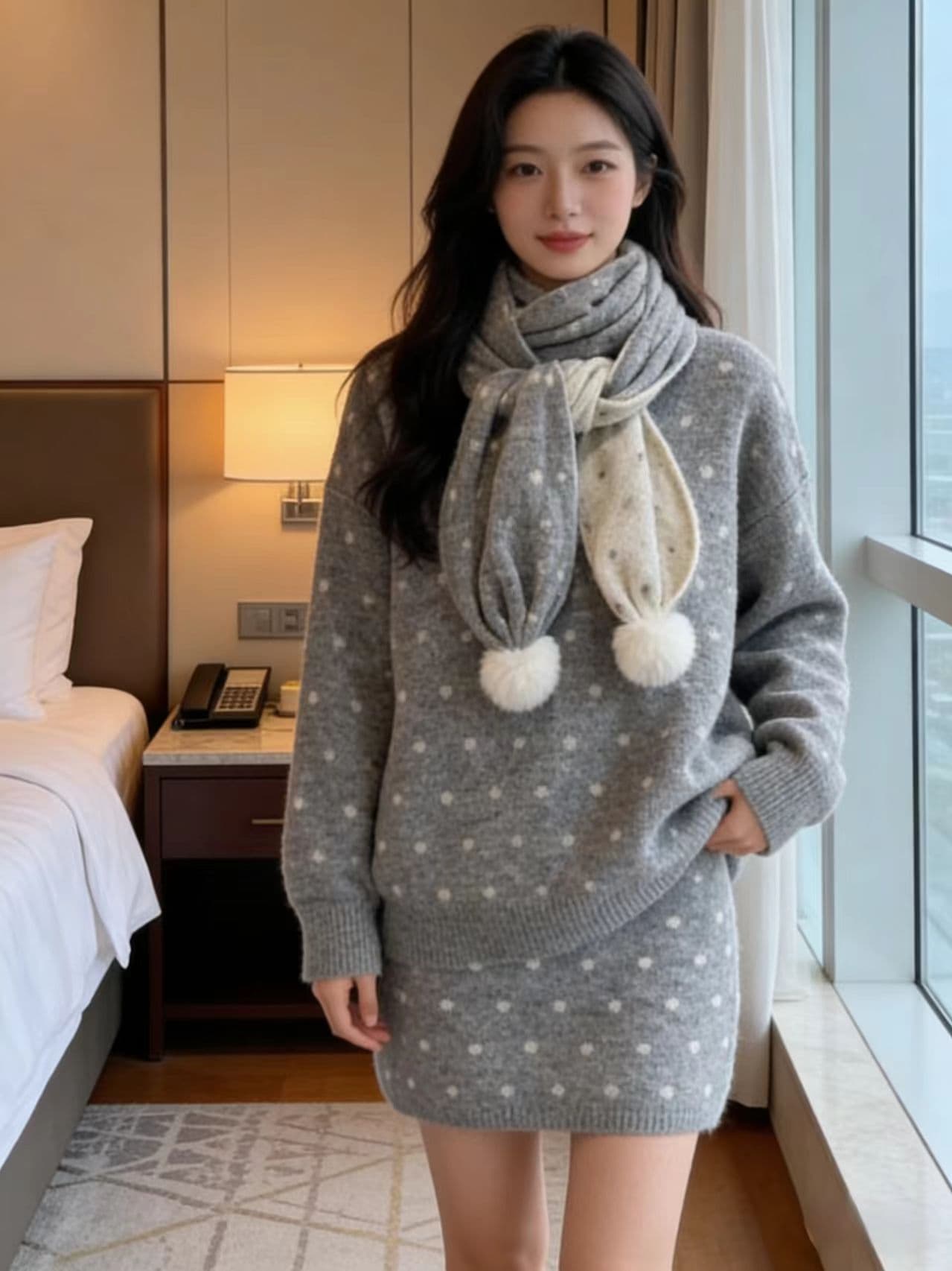실사 한 부서 가을 겨울 새로운 클래식 도트 무늬 니트 스웨터 세트 3 세트 경기 목도리 상세 이미지 3