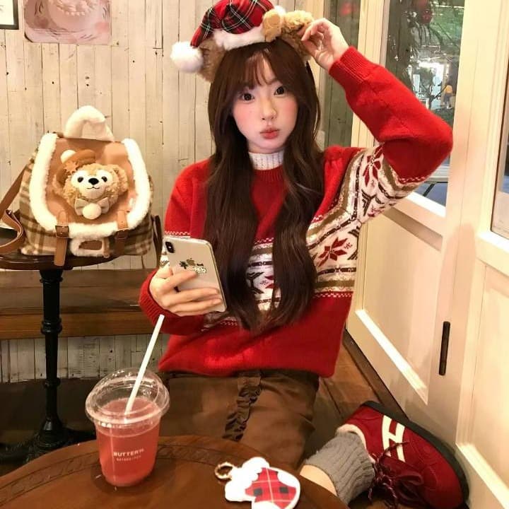 공정한 섬 빨간색 크리스마스 스웨터 여자 가을 겨울철 2025 새로운 느긋한 고급 센스 인사이드 가져 가라. 외출용 니트 맨위