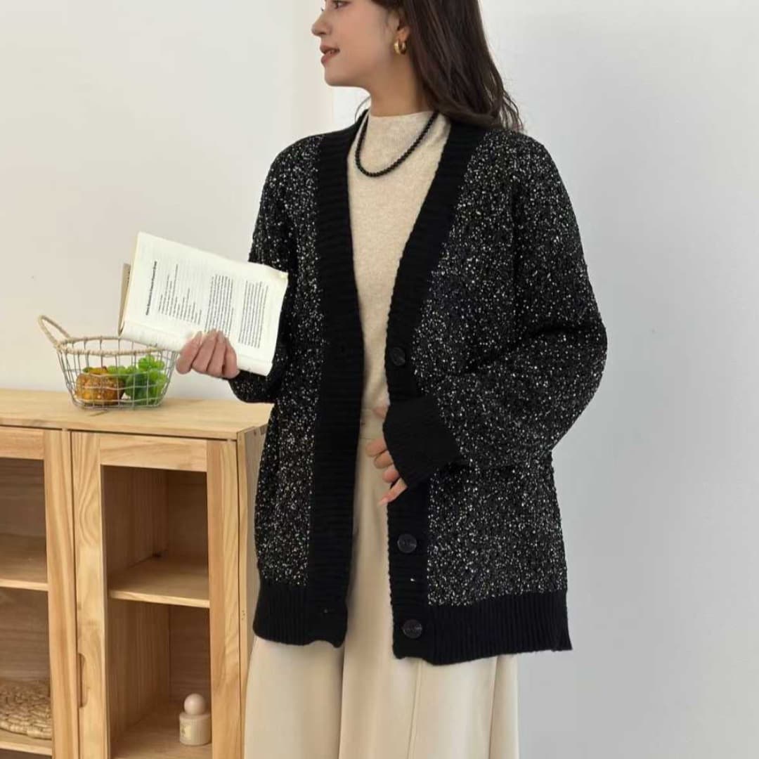한 부서 가을 겨울 새로운 패션 Gypsophila 구슬 조각 빛나는 니트 V넥 중간 길이 스웨터 오픈 가디건 여성 트렌디 이미지 4