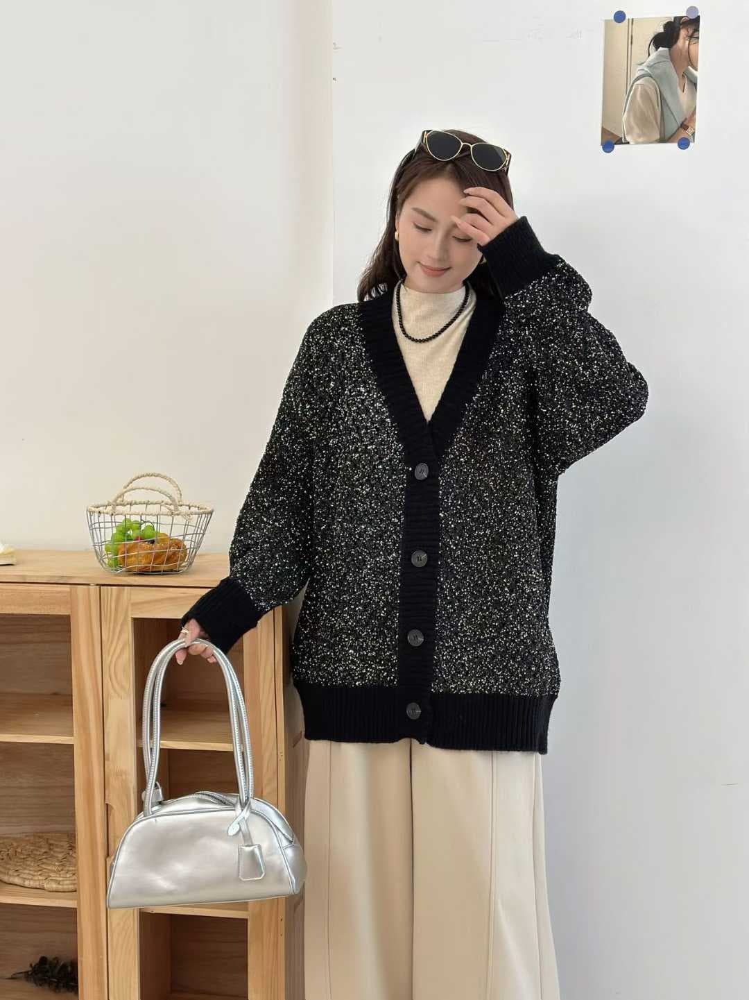 한 부서 가을 겨울 새로운 패션 Gypsophila 구슬 조각 빛나는 니트 V넥 중간 길이 스웨터 오픈 가디건 여성 트렌디 상세 이미지 8