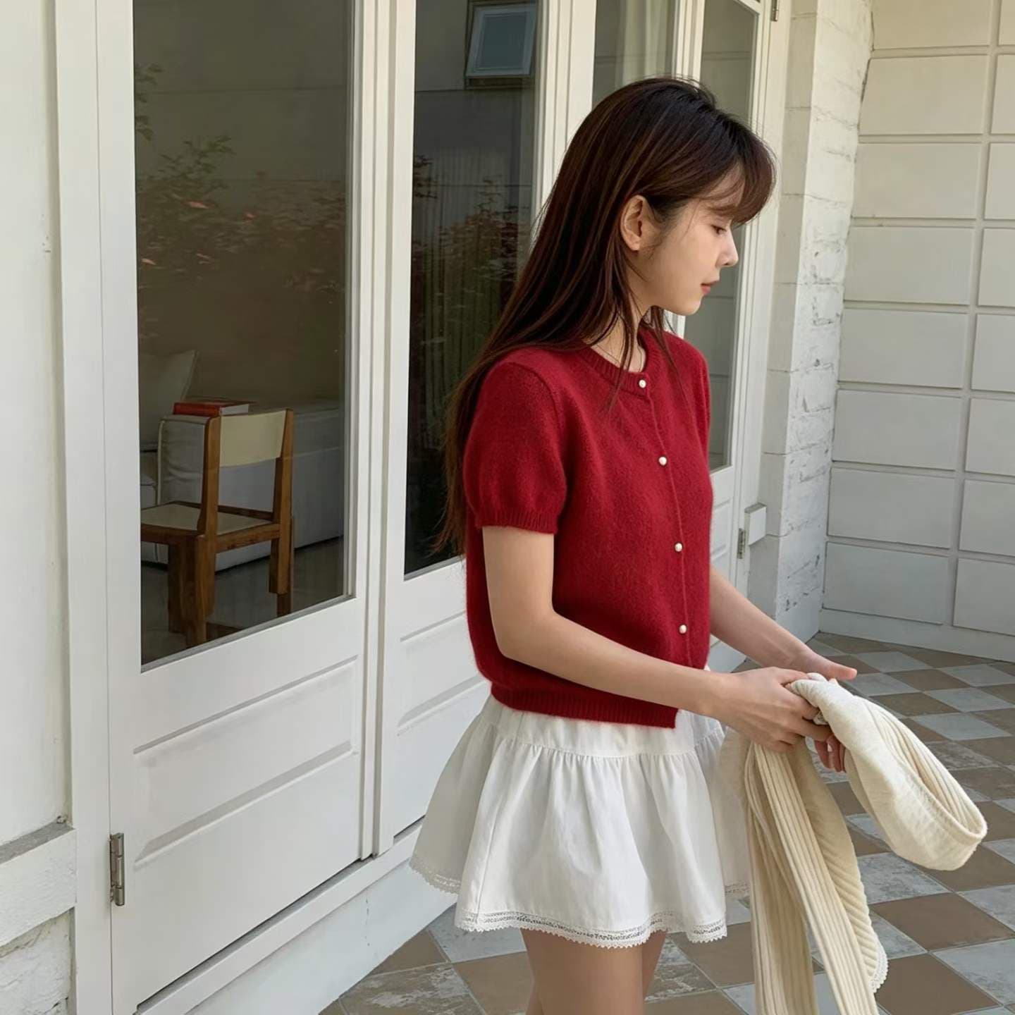 한국 슈퍼 화재 내부 및 외부 스택 착용 유화 빨간색 구슬 버클 부드러운 반팔 스웨터 오픈 가디건 여성 이른 봄 따뜻한 니트 재킷 상세 이미지 7
