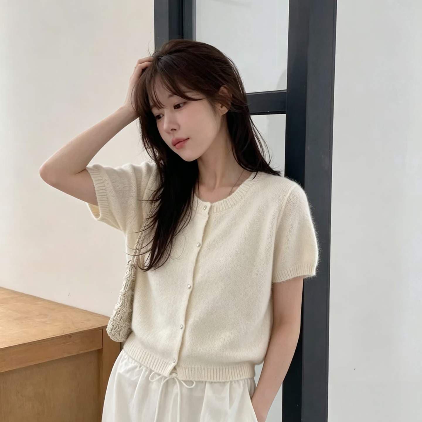 한국 슈퍼 화재 내부 및 외부 스택 착용 유화 빨간색 구슬 버클 부드러운 반팔 스웨터 오픈 가디건 여성 이른 봄 따뜻한 니트 재킷 상세 이미지 7