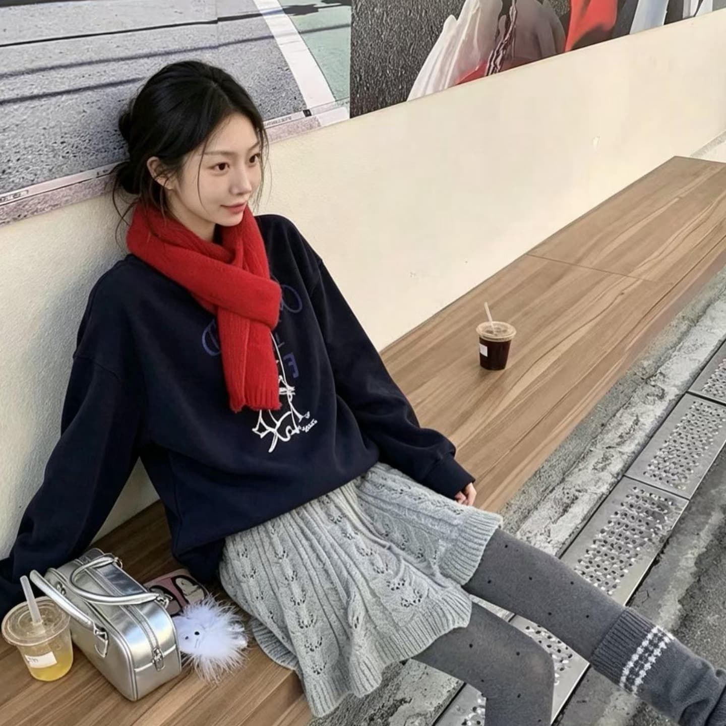 만나는 유물 밑단 표지 작은 방귀 커튼 레깅스 인사이드 가져 가라. 니트 반신 스커트 여성 자수 홀로우 아웃 가을 겨울철 이미지 3
