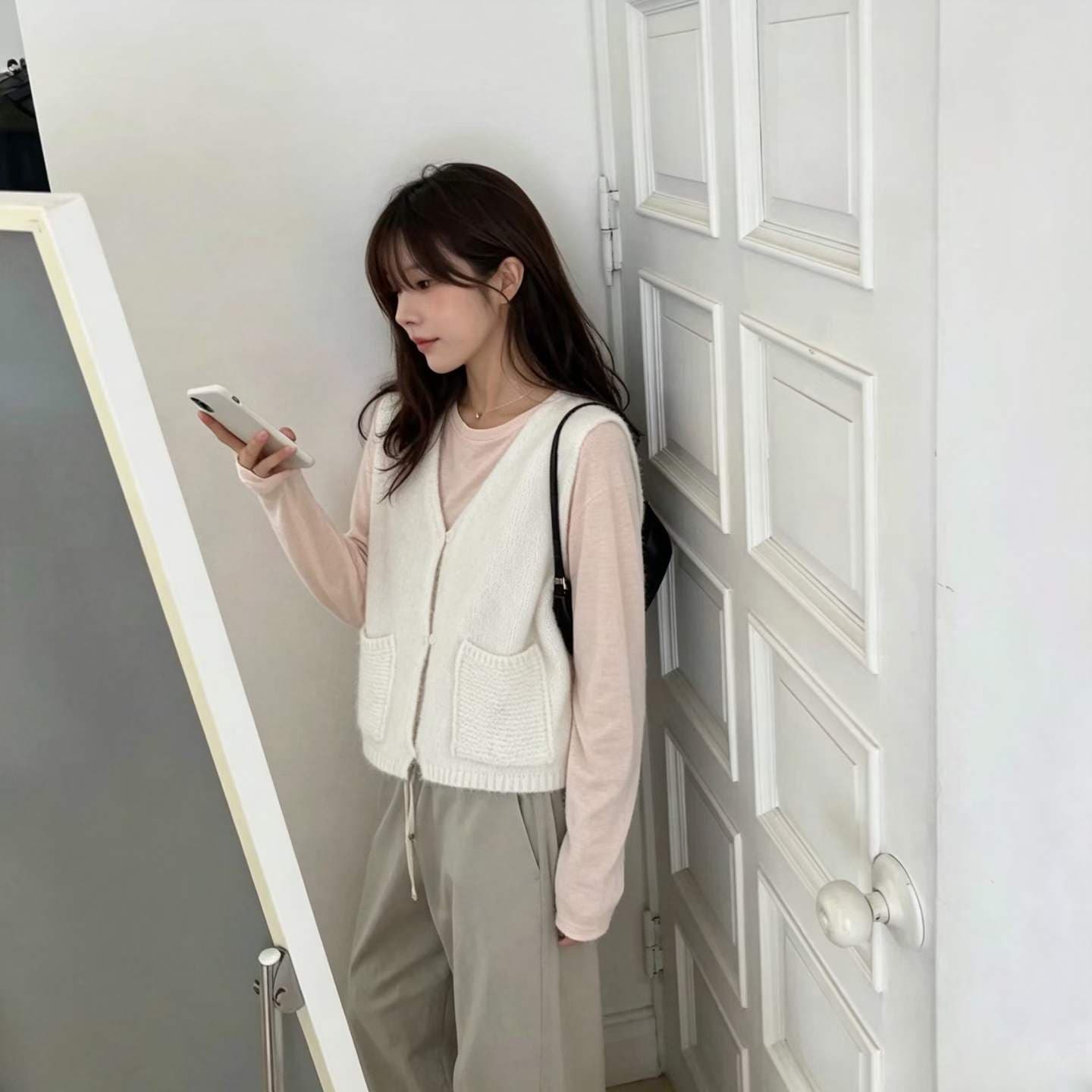 한국 ins 바람 다용도 레트로 단색 미니멀리즘 주머니 스웨터 조끼 오픈 가디건 상세 이미지 3
