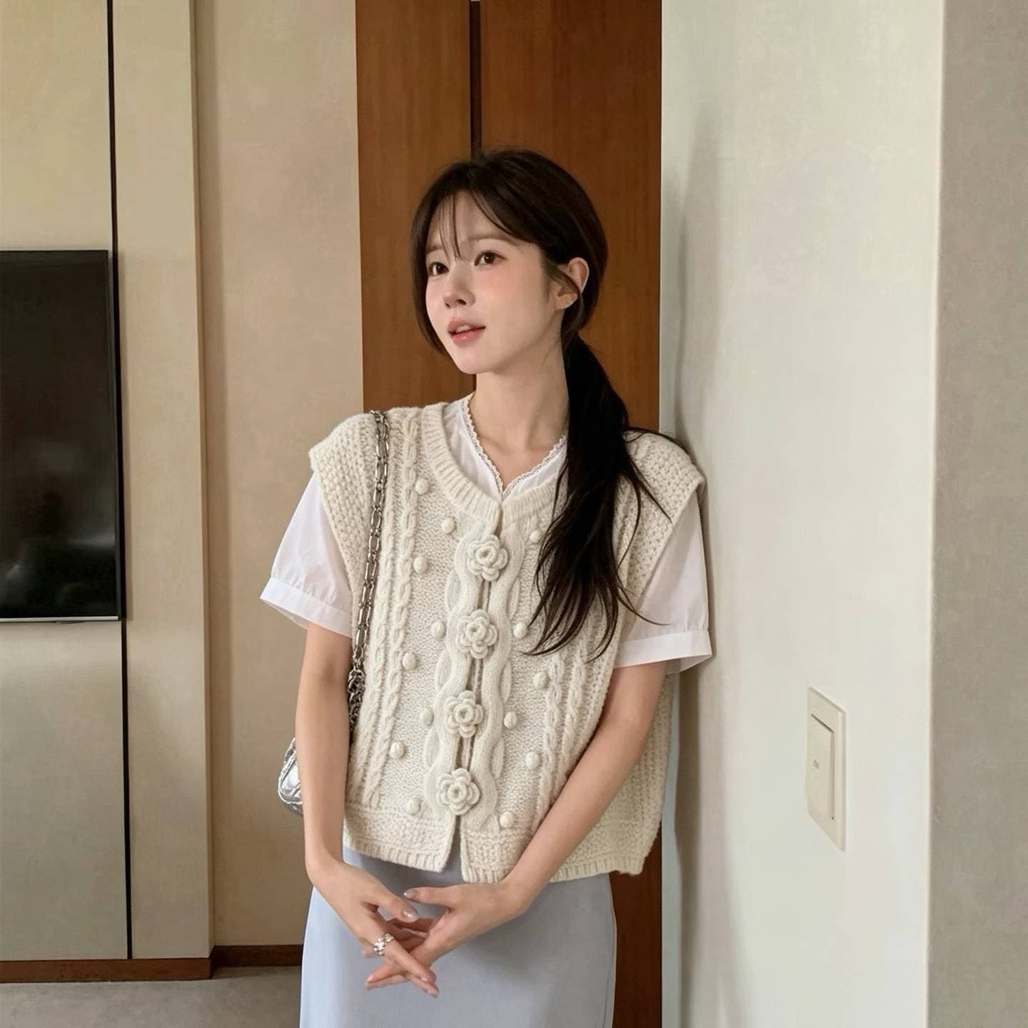 한국 새로운 꽈배기 무거운 작업 스택 착용 조끼 여자 다용도 품격 슬림해 보이는 어둠 버클 민소매 외국 가스 오픈 가디건 상세 이미지 3