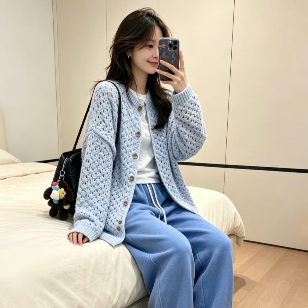 한국 동대문 가을 겨울 새로운 루즈핏 싱글 줄 버튼 니트 스웨터 단색 스웨터 여자 이미지 3